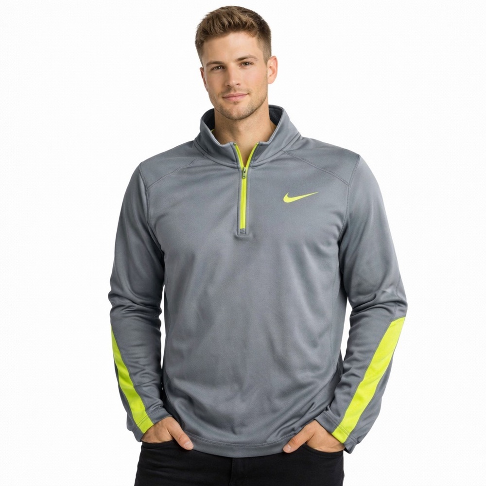 Nike Therma-Fit Quarter Zip Pullover Gray Neon Yellow Men’s Size‎ Large